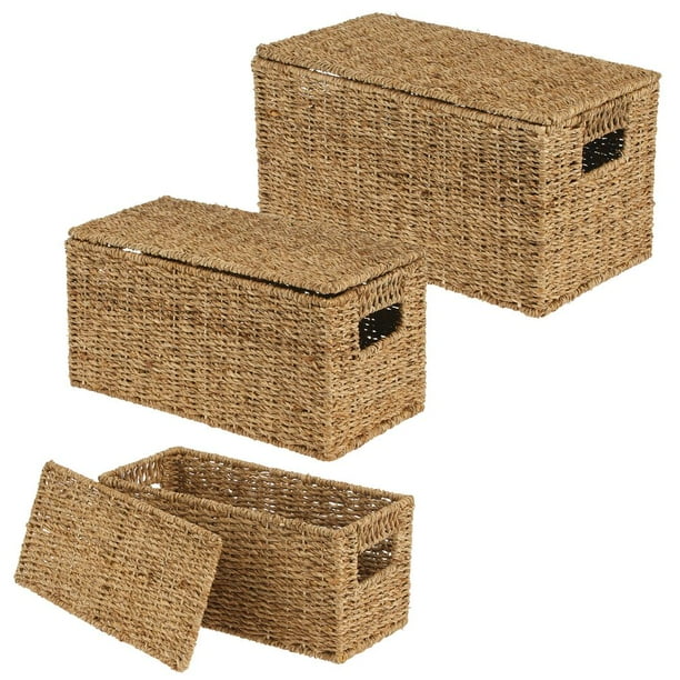 Mdesign Woven Seagrass Home Storage Basket With Lid Set Of 3 Natural Finish Com Mdesign Woven Seagrass Home Storage, Woven Storage Bins With Lids