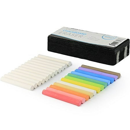Kedudes Non-Toxic White Dustless Chalk (12 ct box) and Colored Dustless Chalk (12 ct box) Bundle + Premium Chalkboard