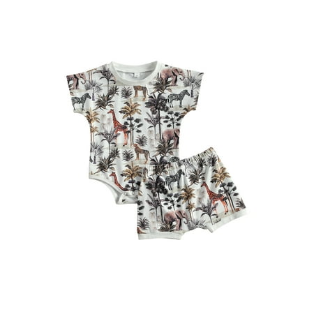 

Emmababy Baby Boys Girls 2Pcs Outfits Set Short Sleeve Animal Print Romper Shorts