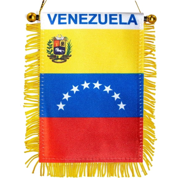 Anley 4 X 6 Inch Venezuela Fringy Window Hanging Flag - Mini Flag Banner & Car Rearview Mirror Décor - Fringed & Double Sided - Venezuelan Hanging Flag with Suction Cup