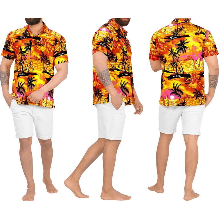 Cromoncent Men's & Boys Hawaiian Shirt - Short Sleeve Cuban Collar Tropical Print, Orange, Size 11-12 Years