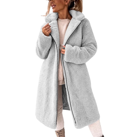 Edvintorg Jacket for Women Loose Long Sleeve Fleece Casual Zip up Coat Fall Winter Trendy Womens Clothes S-2XL Gray