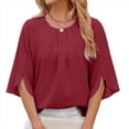 thumbnail image 3 of Blusa Informal de para Mujer, con Mangas 1/2 con Volantes, Cuello Redondo, Corte Holgado, Color Rojo Vino, Talla L, 3 of 10