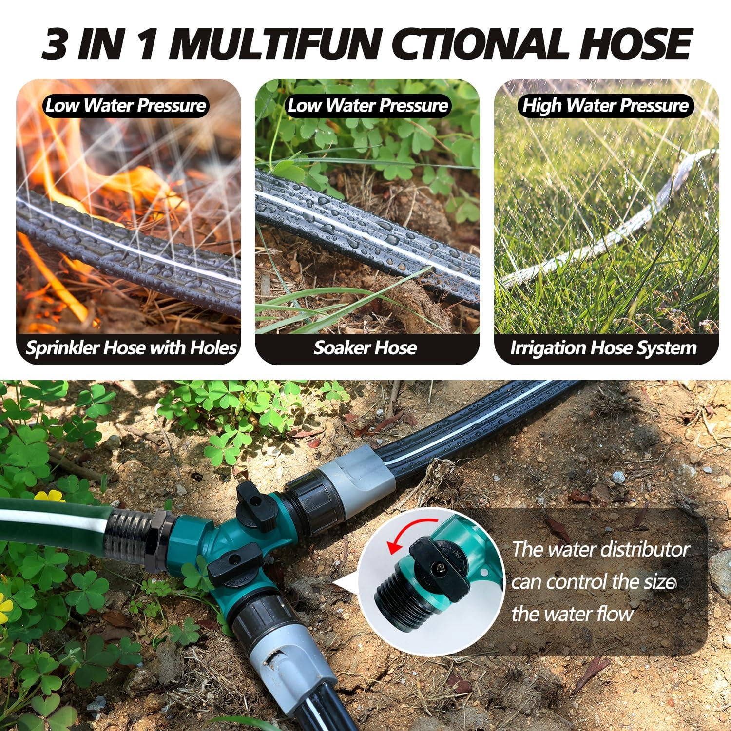 Sprinkler Hose With Holes  Flat Soaker 100 Ft (25 4pack) Garden Staples And Splitters Watering Drip Irrigation Hoses For Lawn Vegetable Beds (100 Ft)