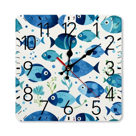 RKSupls 10×10inch Square Silent Wall Clock Wooden Frame, Blue Fish Pattern Scale Decorative Clock for Home Bedroom Living Room Office