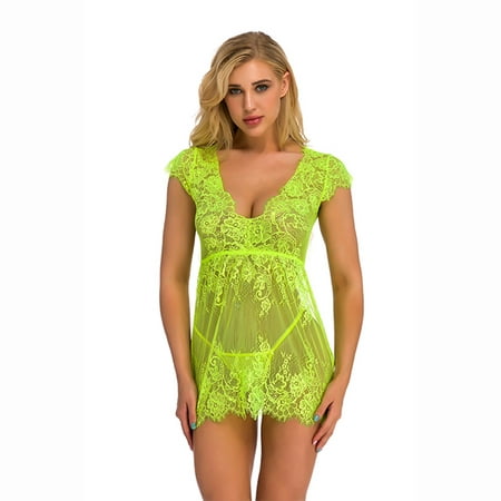 

DENGDENG Women s Lingerie Sexy Short Sleeve Eyelash Chemise Floral Lace Babydoll Nightwear Fluorescent Green S