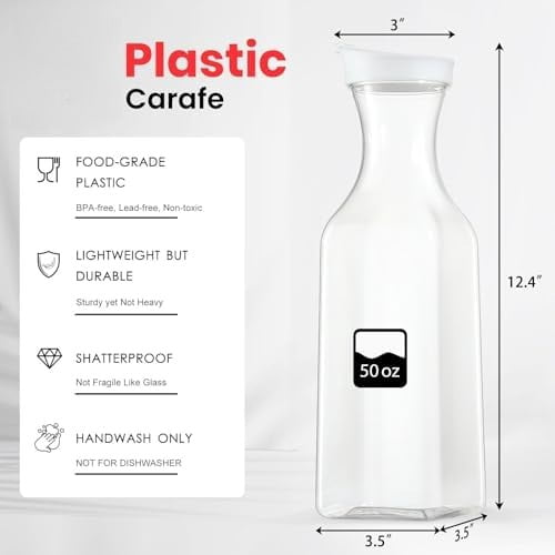 Plastic 50 Oz Water Carafe with Flip Top Lid, Set of 2 Square Base Juice Containers, Clear Plastic Pitcher - for Water, Iced Tea, Juice, Beverage, Cold Brew and Mimosa Bar - HAND WASH ONLY