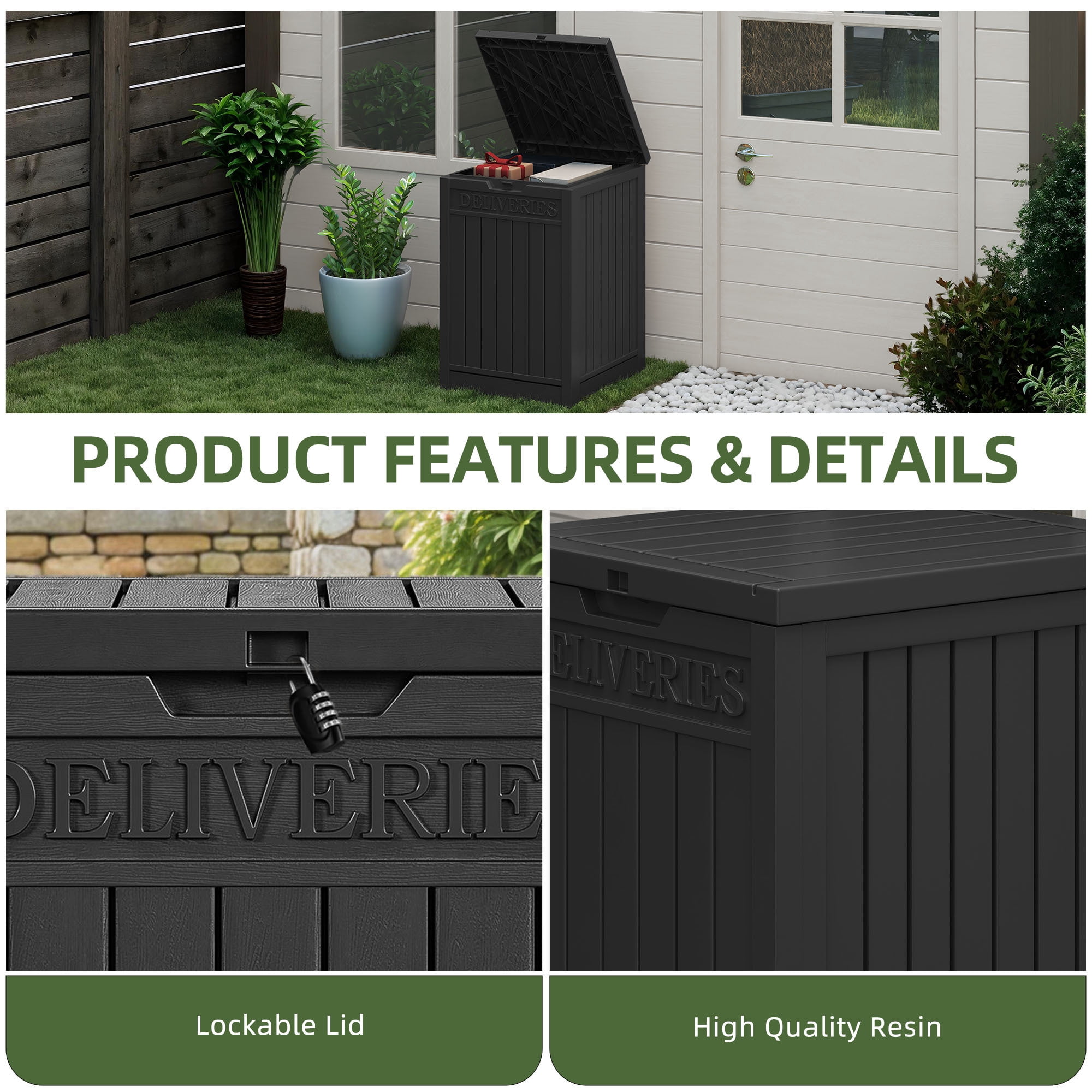 Uforic 51 Gallon Large Outdoor Resin Package Delivery Box, Waterproof Lockable Deck Storage Box for Porch & Curbside, Black