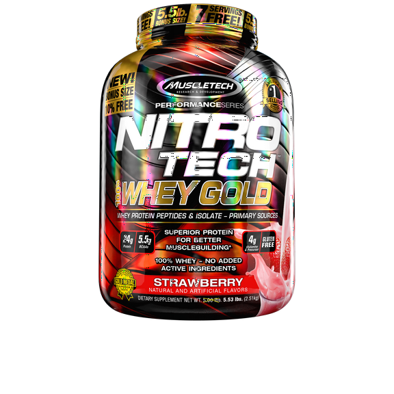 NitroTech Whey Gold, 100% Whey Protein Powder, Whey Isolate and Whey Peptides, Strawberry, 76 Servings (5.5lbs)