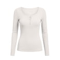 thumbnail image 4 of Favoffer Women Casual Shirts Long Sleeve V Neck Button Solid Elastic Loose Fit Tops Dressy Blouses Office Daily Shopping Outdoor, 4 of 5