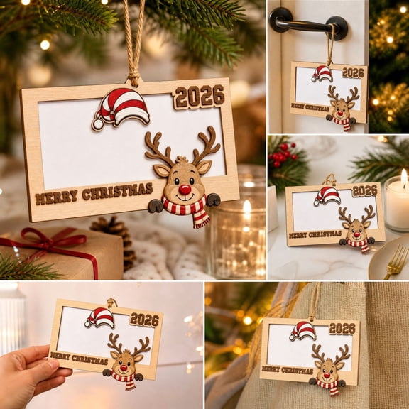 2026 Christmas Cash Photo Frame Ornament, Dual-Use Wooden Hanging Decor with Slot for Photo or Cash, Festive Keepsake for Xmas Tree and Holiday Gift Giving