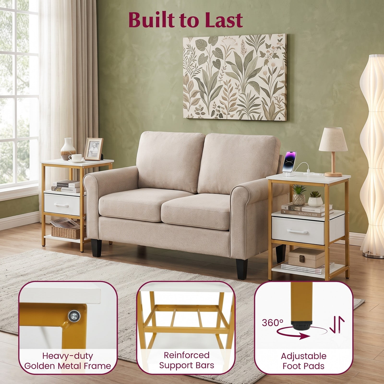 Furnibear Nightstand with Charging Station and Foldable Fabric Drawer and Open Shelves for Bedroom and Living Room, Bedside Table, White and Gold
