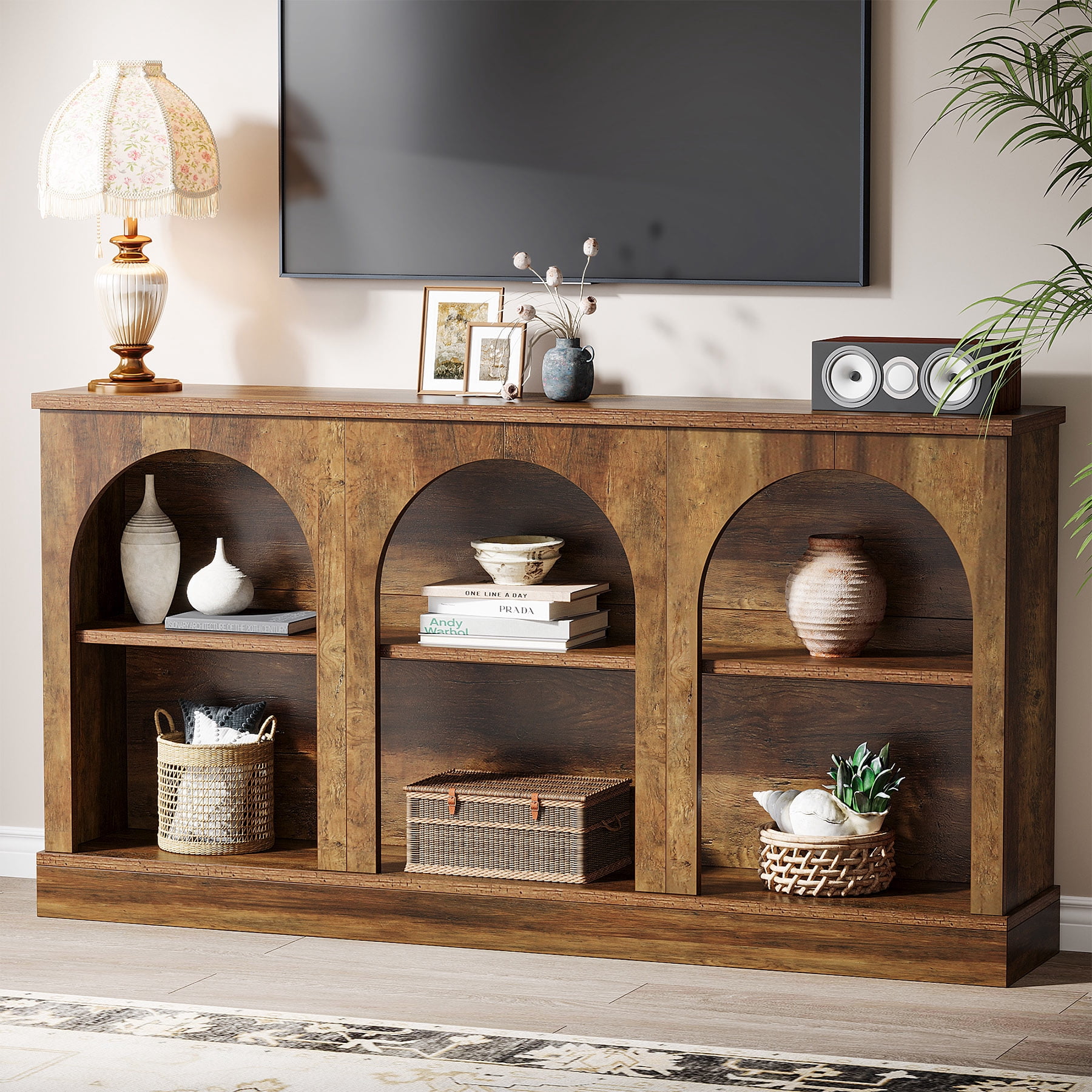 Tribesigns Farmhouse Console Table, 63-inch 3 Tier Entryway Table with Storage, Wooden Sofa Console Behind the Couch for Hallway, Rustic Brown