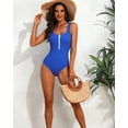 thumbnail image 4 of Beautyin Womens Solid Ribbed One Piece Swimsuit Front Zipper Racerback Bathing Suit U Neck Athletic Swimwear, 4 of 7