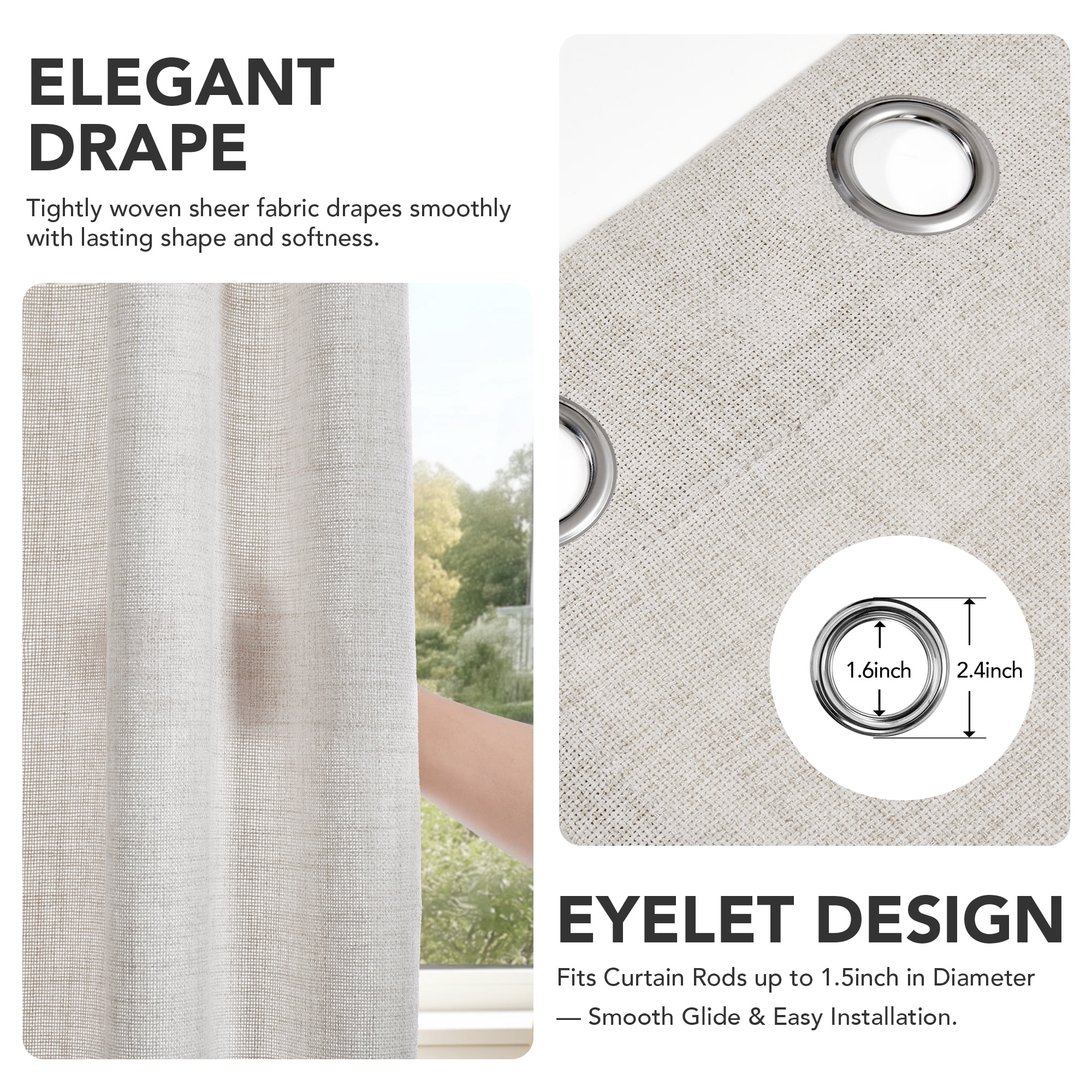 Deconovo Sheer Window Drapes, Linen Textured Grommet Curtain Panels, Natural, 52"x84", 2 Panels