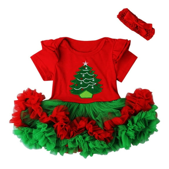 Gunia Girls Christmas Outfits Xmas Infant Newborn Short Sleeve Cartoon Tulle Dress Romper With Headbands Christmas Set 2Pcs Girl Outfit,Red 0-6 Months