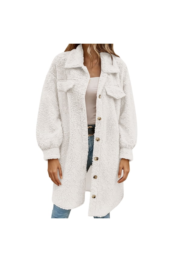 Women's Sherpa Fleece Jacket Casual Lapel Collar Fuzzy Teddy Shacket Winter Warm Coat Button Down Mid-length Outwear