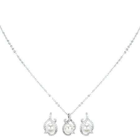 EZI Man-Made Pearl Bold Twist CZ Cubic Zirconia Rhodium-Plated Women’s Costume Jewelry Pendant Necklace and Stud Earring Set