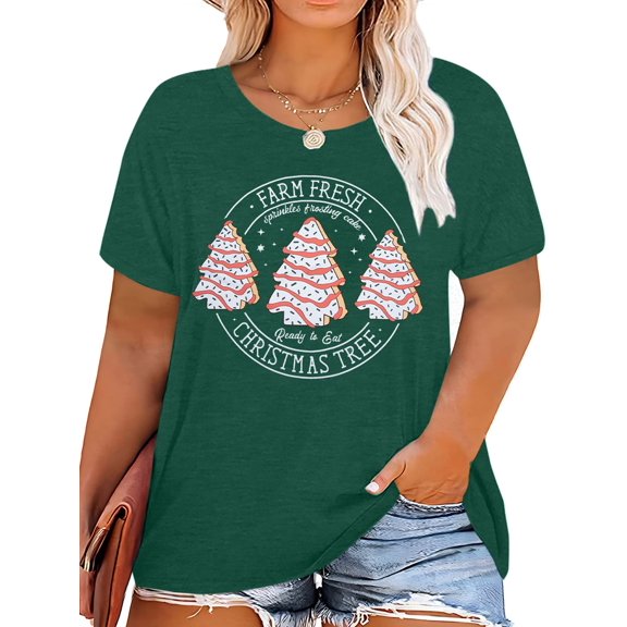 MOUSYA Christmas Plus Size Shirt Women Farm Fresh Christmas Tree Cakes Tops Holiday Shirt Women Oversized Xmas Tee Fall Tops,2X