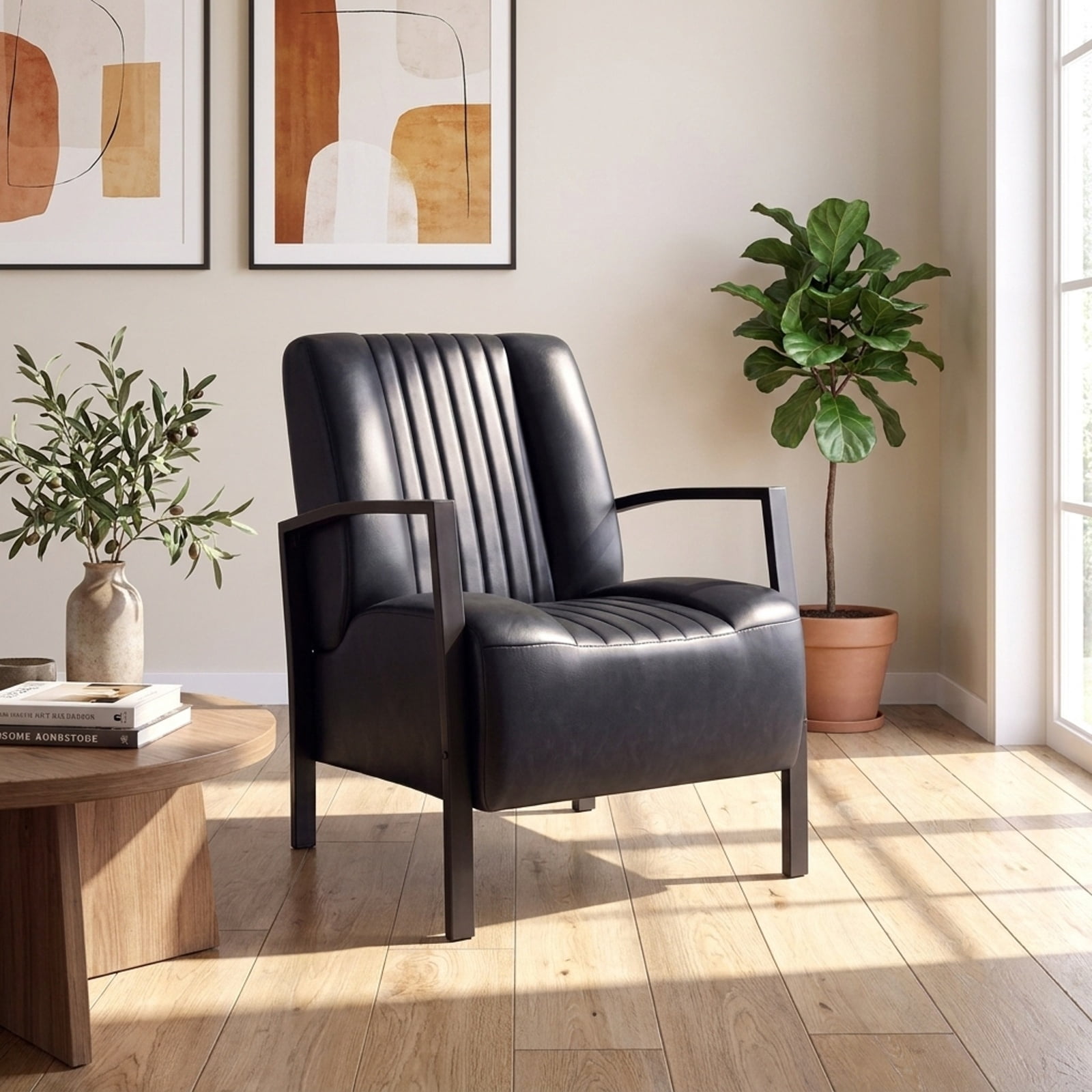 Furnibear PU Leather Upholstered Armchair with Padded Seat Back Ergonomic Support and Metal Legs Comfy Lounge Reading Chair for Living Room, Black