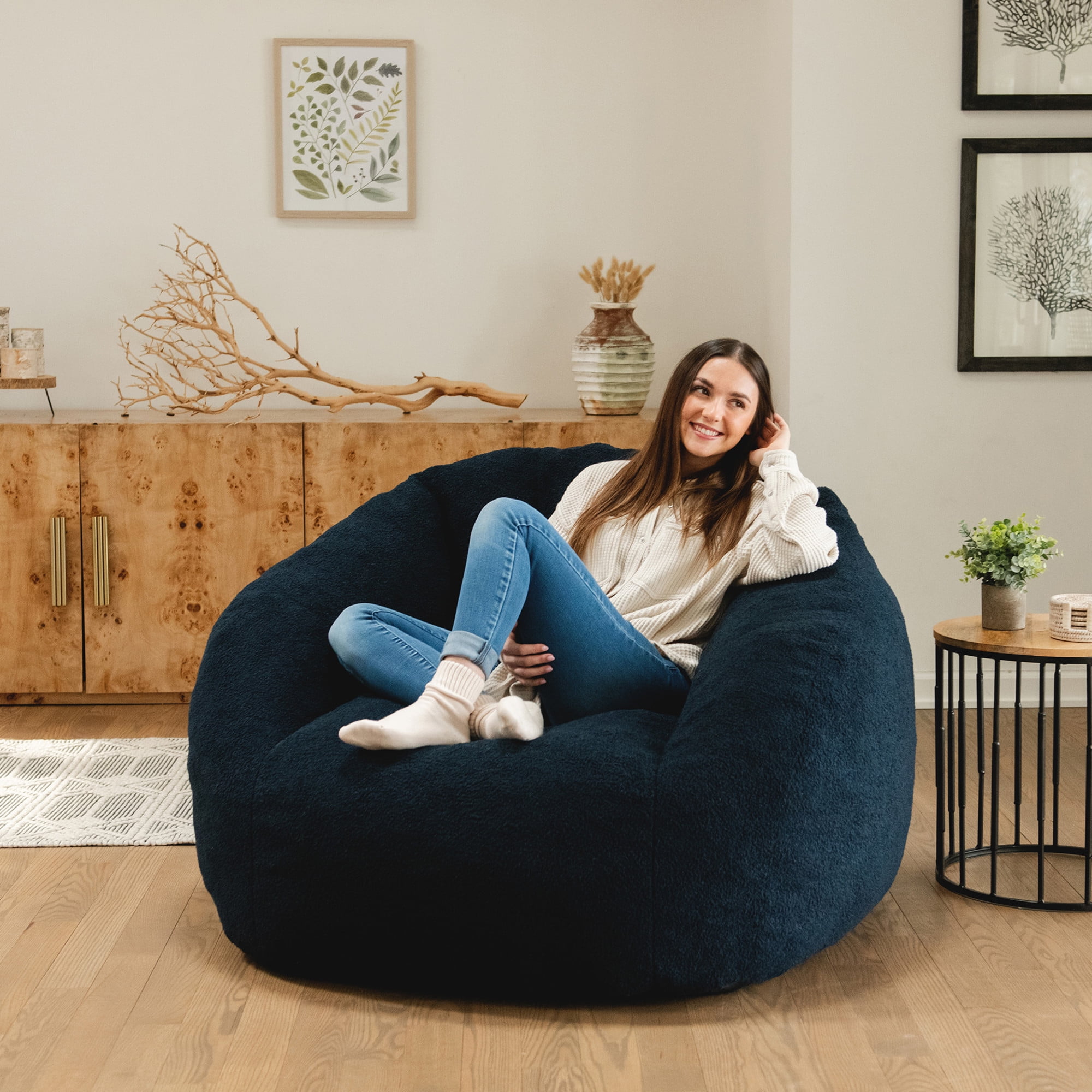 Big Joe Cloudberry Bean Bag Chair, Foam-Filled Structured Seat, Teddy Boucle, Deep Blue, Adults