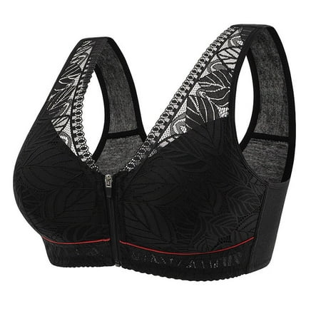 

Women s Zip Front Sport Bra Wirefree Lace Bra Full Coverage T-Shirt Bra - Black