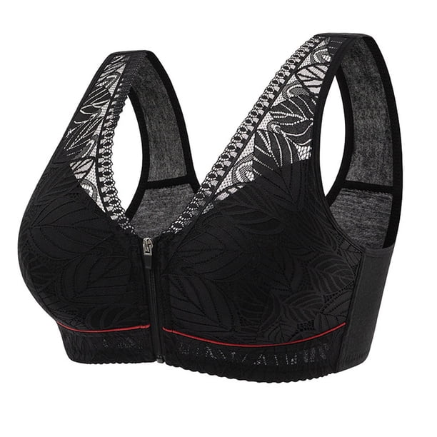Sujetador deportivo con cremallera frontal para mujer Sujetador de encaje sin aros Sujetador tipo camiseta de cobertura completa - Negro