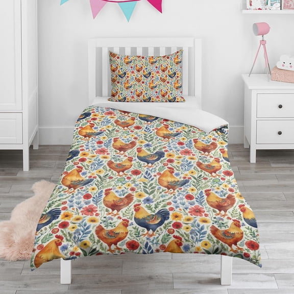 Chicken and Flower Duvet Cover and Pillowcase Set for Single Bedding, Bedroom Accessories for Kids Teens