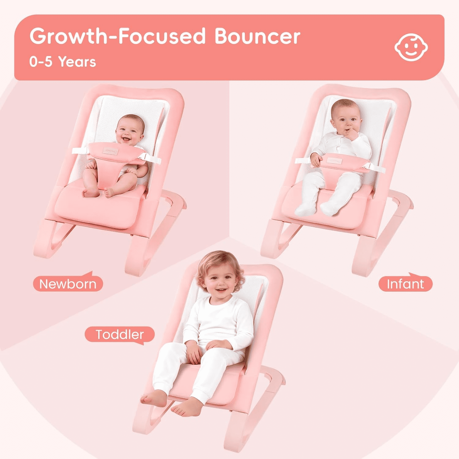 Portable Baby Bouncer Seat for Infants, Adjustable Baby Chair with 3-Point Safety Harness, Lightweight Foldable Design for 0-18 Months, Supports Up to 60 lbs, Pink