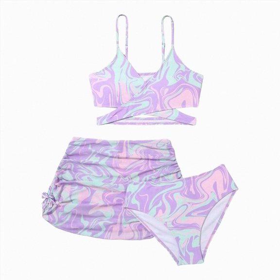 BOBOGOJP Girls Swimsuits Bathing Suit Allover Printed Criss Cross Bikini Set with Cover Up Skirt Beach Swimwear Multicolour for Size 7-8 Years