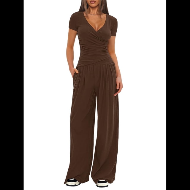 Conjuntos de 2 Piezas para Mujer para Estar en Casa en Otoño, Camisetas con Cuello Redondo y Pantalones Anchos, Conjuntos Casuales A Juego. Color Café L