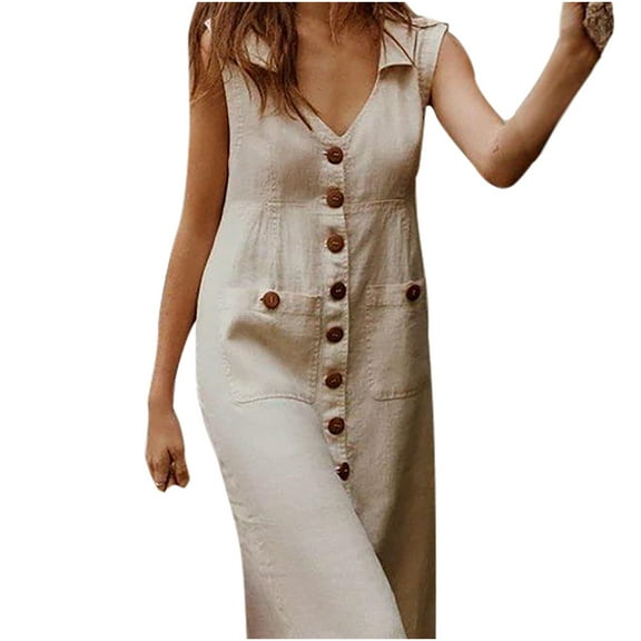 Bigersell Tank Dress Knee Length Women Summer Casual Pocket Buttons Solid Off Shoulder Sleeveless Dress Women's Plus Shirt Dress Style 9294, Female Above Knee Dresses Khaki S