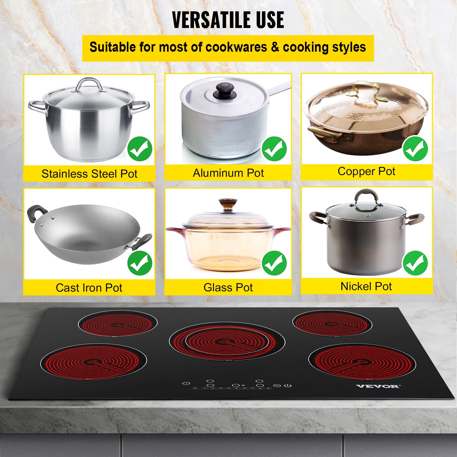 BENTISM 5 Burners Built in Electric Stove Top 240V Ceramic Glass Radiant Cooktop with Sensor Touch Control, Black