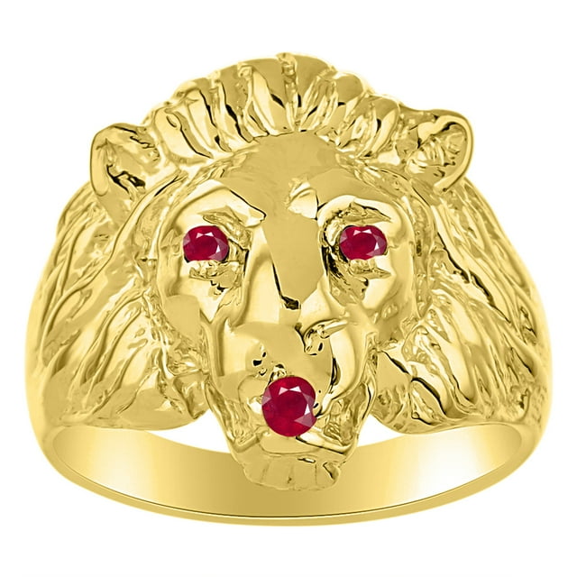 RYLOS 14K Yellow Gold Lion Head Ring Gemstones in Eyes and Mouth Fun Designer Rings For Men Ruby Mens Jewelry Size 8
