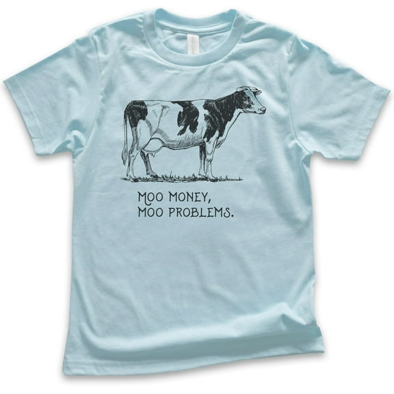 Kids Moo Money Moo Problems Cow Shirt, Youth Kids Boy Girl T-Shirt, Farm Animal Shirt, Cute Cow Shirt, Light Blue, Medium