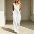 thumbnail image 3 of ClodeEU Women's V Neck Sleeveless Top and Elastic Waist Drawstring Wide Leg Pants Set with Pockets ,Casual Two Piece Outfit White,Women's Plus L, 3 of 7