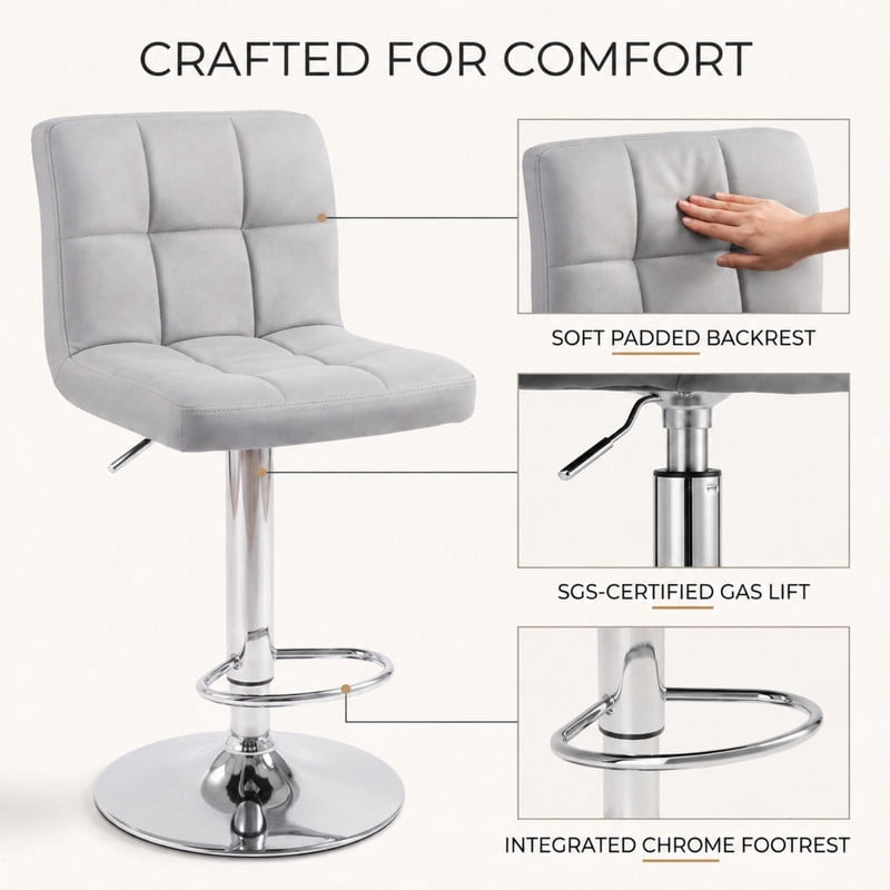 BEAUTYPEAK Adjustable Bar Stools Set of 2 PU Leather Swivel Counter Height Chairs with Backrest and Footrest, Gray