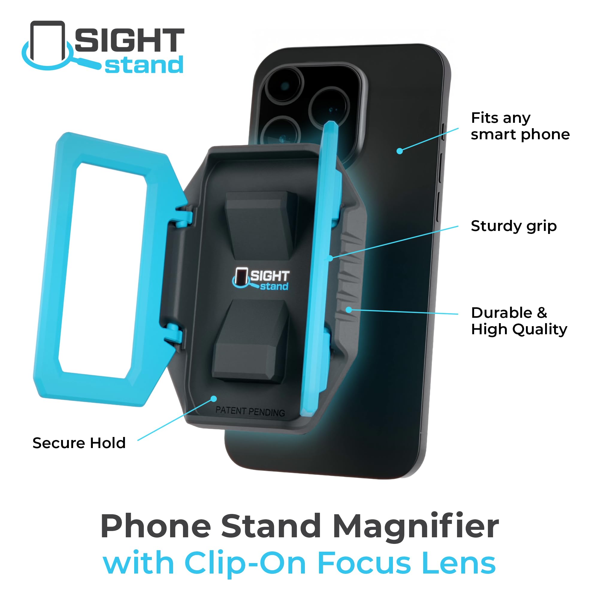 SightStand Universal Phone Stand with Clip-On Magnifier Lens – Adjustable Smartphone Holder for Reading Assistance