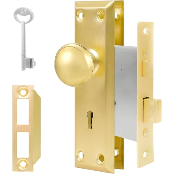 Vintage Door Knob with Lock for Interior Doors Polished Gold, Antique Brass 1 Pack Mortise Lock Set, Old Fashioned Bathroom & Bedroom with Skeleton Key for Old House Doors