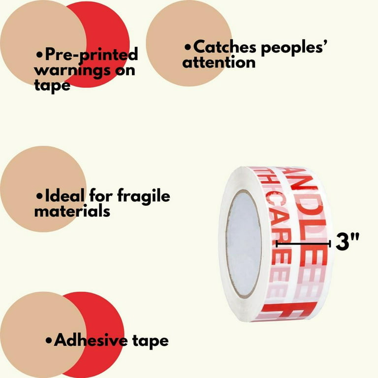 SSBM 2 Mil - Fragile Printed Handle w/ Care Packaging Tape Pre Printed,  Ideal for Fragile Materials, Adhesive Tape, White/Red, 3 x 110 Yards (330  ft), 12 Rolls 