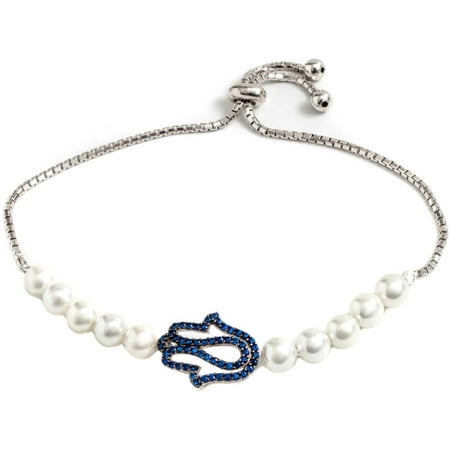Pori Jewelers Freshwater Pearl and CZ Sterling Silver Blue Hamsa Friendship Bolo Adjustable Bracelet