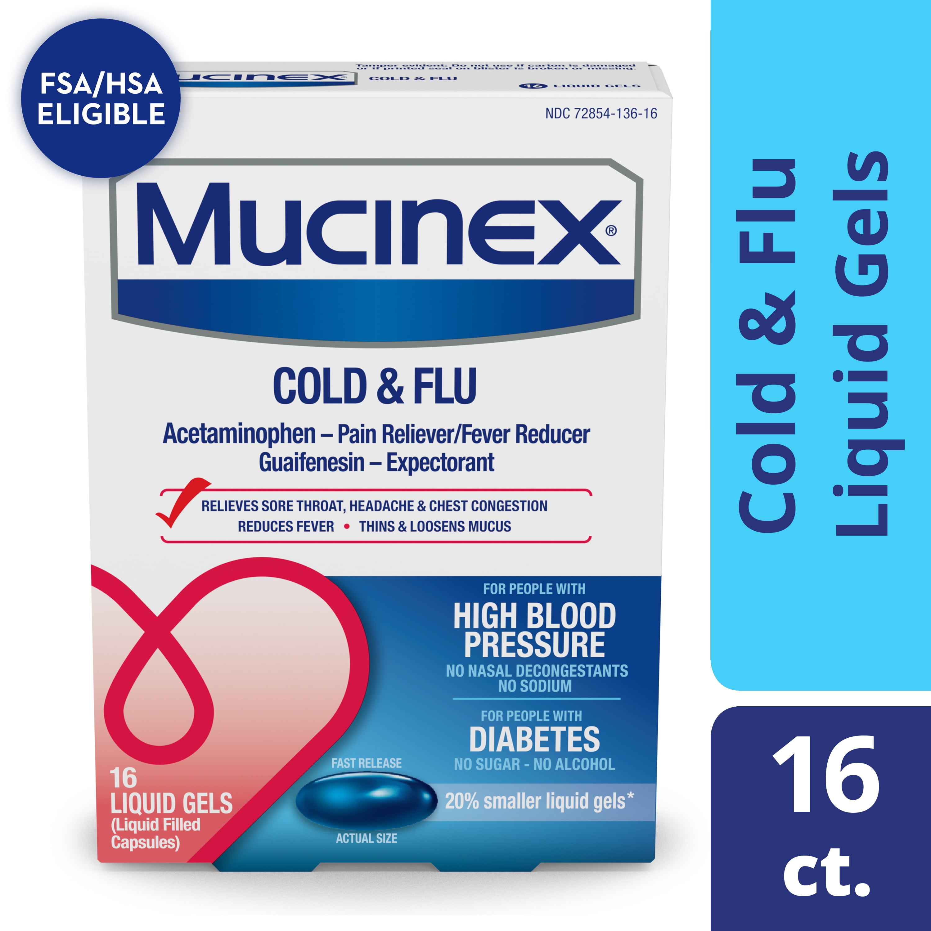 (2 pack) Mucinex Cold & Flu Fast Release Liquid Gels for people with High Blood Pressure & Diabetes, 16ct.