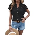 thumbnail image 3 of Women'S Eyelet Embroidery Blouse V Neck Button Down Shirt Flounce Short Sleeve Top with Cutout Detail Black XL, 3 of 9