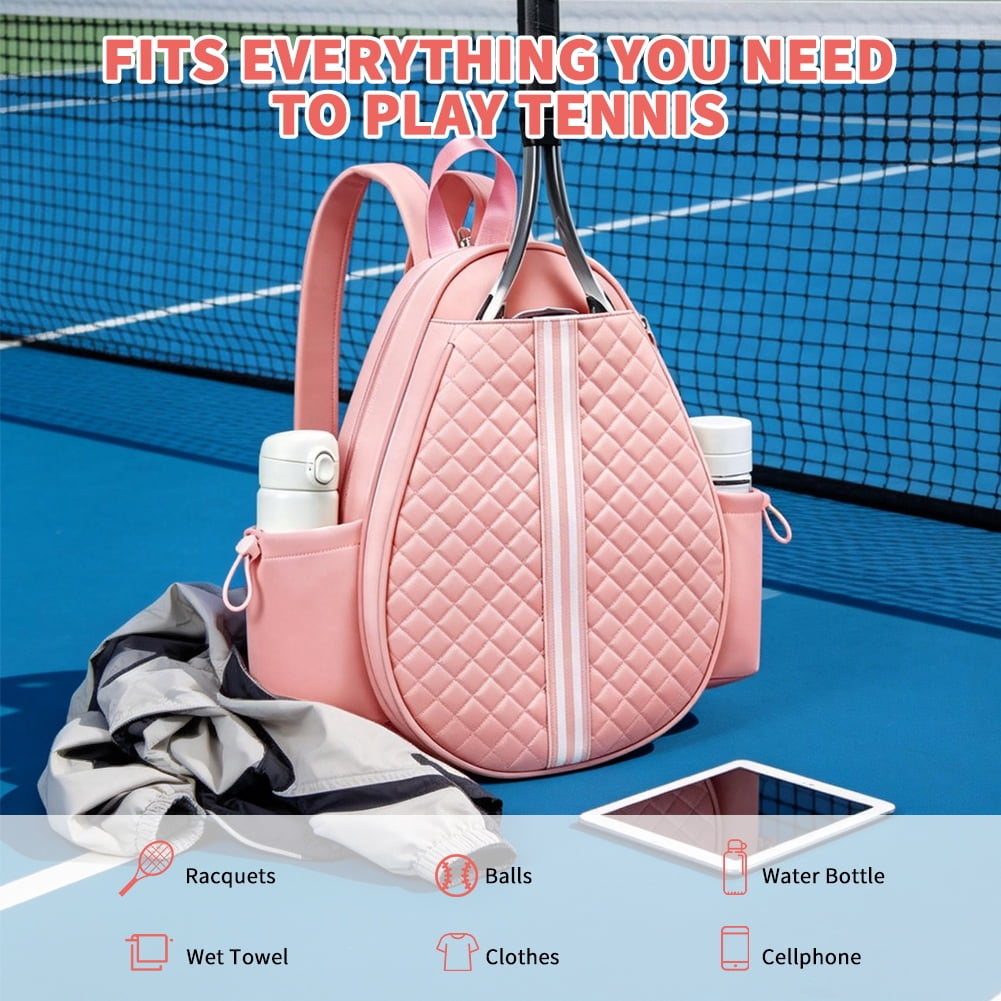 HUISZJ Tennis Bag, Water Resistant Quilted Tennis Sling Backpack with Water Bottle Holder, 16.54x12.6x1.85 inch Badminton Racket Bag for Women Men (Pink)