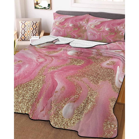 Pink Marble Full Size Down Alternative Comforter, Lightweight Comforter Quilt Bedding Set with Pillow Shams Modern Ink Painting Abstract Golden All Seasons Bed Comforter Duvet Insert 78"x90"
