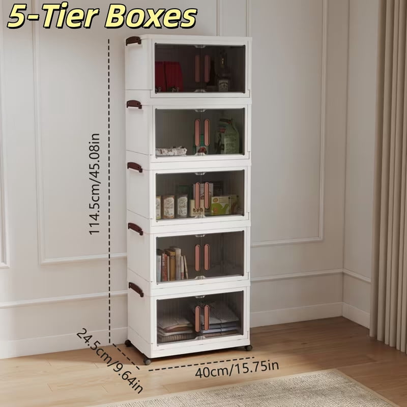 Howcool 3/4/5-Tier Stackable Storage Bins with Lid, Foldable Storage Box Cabinet with Wheels & Acrylic Doors