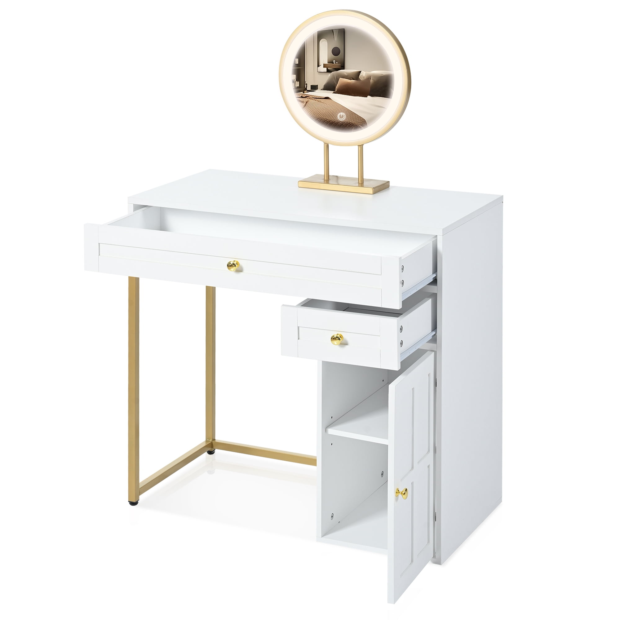 Makeup Vanity Desk with Lighted Mirror, Luxury Dressing Table with 2 Drawers and 1 Cabinet
