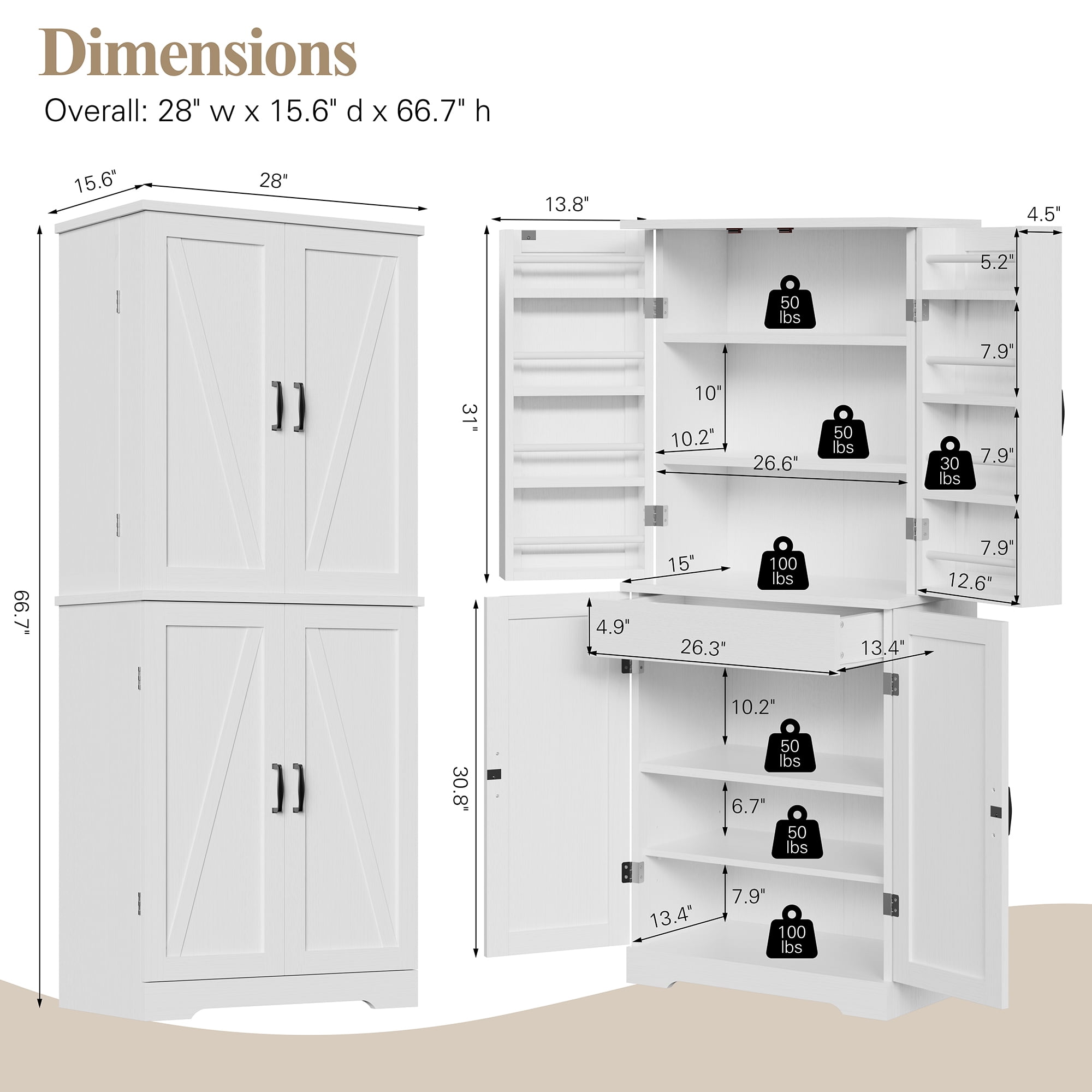 Walsunny Pantry Cabinets with Drawer Doors Shelves 67 Inches Tall Wooden Food Storage Cabinet Freestanding for Microwave Kitchen Storage Dining Room White