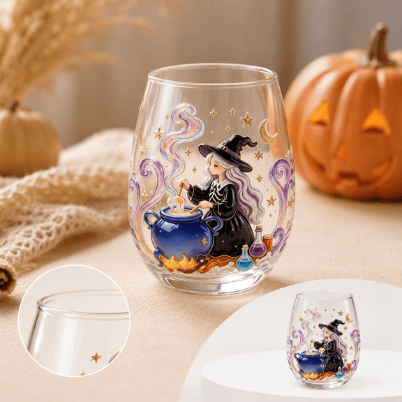 Halloween Stemless Wine Glass Tumbler, Hand-Blown Borosilicate Cup with Sculpted Witch Design as Gothic Decor or Gift