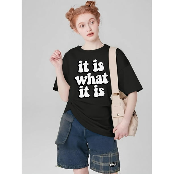 Letter Print T-Shirt for Women - Casual & Cute, Short Sleeve, Round Neck, Stretchy 100% Cotton, Machine Washable, Bottoming, Daily Wear Tee For Adult, Men, Women, Teen, Teenager, Adolescent, Youth